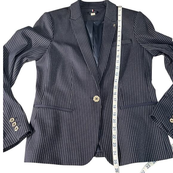 Tommy Hilfiger Women's Navy Pinstripe Blazer Size 10 Single Button Elbow Patches - Picture 8 of 12